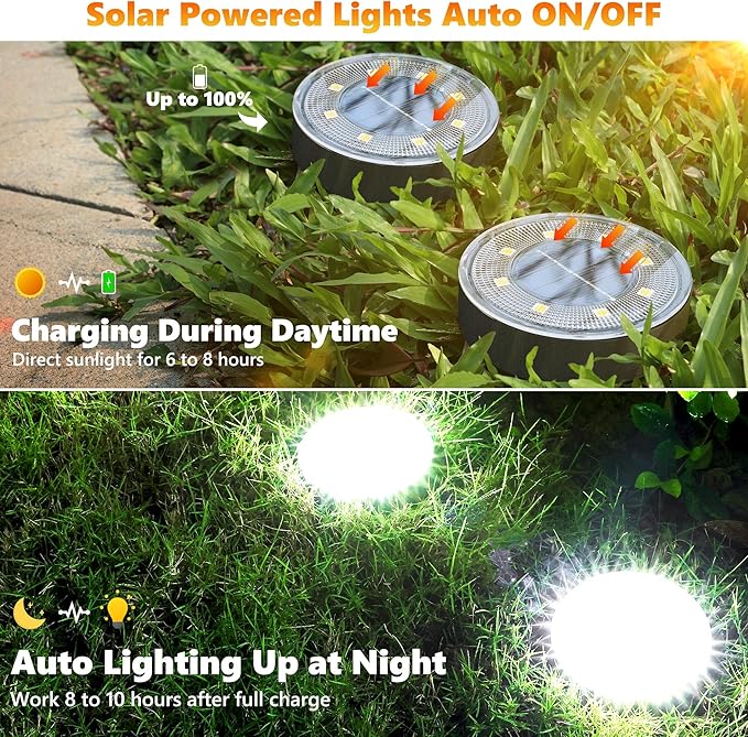 Joomer Solar Ground Lights, 8 Pack 8 LED Solar Lights Outdoor Waterproof IP68 Solar Disc Lights In-Ground Landscape Lighting Outdoor Lights for Patio Pathway Lawn Yard Driveway Walkway (White)