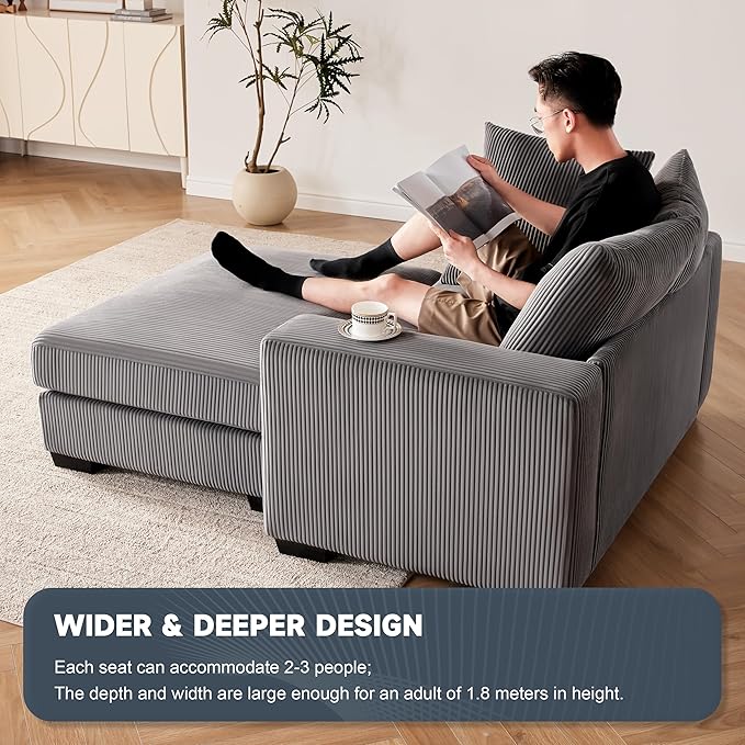 101.6" Deep Seat Corduroy Sectional Couches for Living Room, Comfy Upholstered Modular Sectional Sofa Bed, Cloud Couch with Thickened Cushions Widened Armrests，2 Seats + 2 Ottoman，Dark Grey