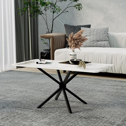 White Marble Coffee Table Modern 40 Inch Living Room Table with Rectangle Sintered Stone Top and Black Metal Legs Stylish Center Table for Living Room Bedroom