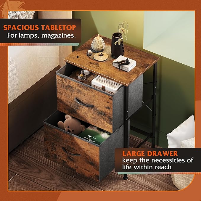 WLIVE Night Stand Set 2, Small Dresser with 2 Drawers & Wooden Top, Nightstand with Fabric Bins, Bedside Table End Table for Bedroom, Closet, Entryway, College Dorm, Rustic Brown