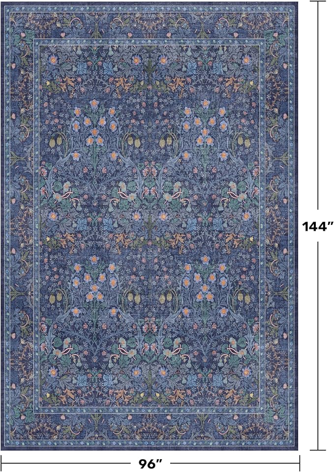 Boho 8x12 Washable Dark Blue Rug for Living Room - Large Area Rug for Dining Room Under Table, Bedroom Under Bed, Vintage Floral Design, Low Pile & Soft Indoor Décor
