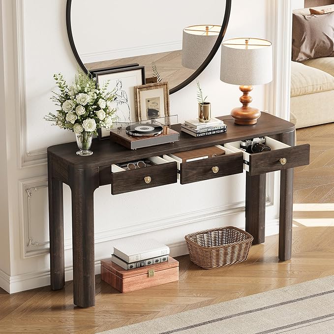 Merax 52" Console Table with 3 Drawers, Rustic Entryway Table with Curved Corners, Narrow Long Sofa Table for Living Room, Hallway, Entrance, Behind Couch, Foyer, Sturdy Thick Legs, Espresso