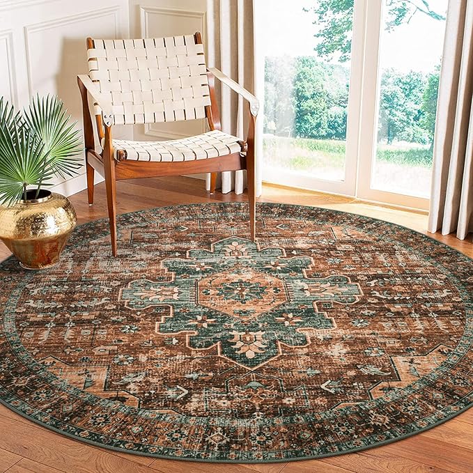 Moynesa Ultra-Thin Washable Round Rug - 6ft Large Dining Room Round Area Rug, Vintage Living Room Mat Stain Resistant Office Carpet for Bedroom Mudroom Kitchen Apartment Basement Foyer