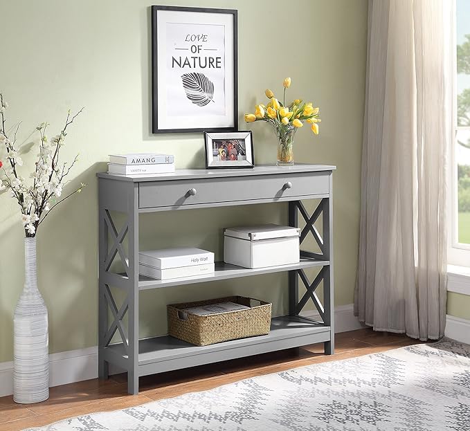 Convenience Concepts Oxford 1-Drawer Console Table 39.5" - Farmhouse Sofa Display with Storage Shelf For Living, Family, & Dining Room, Modern Entryway Hall Table for Kitchen, Bedroom, Gray