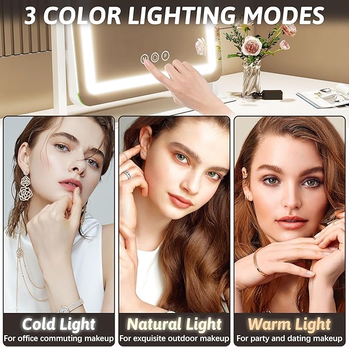 FENNIO Vanity Mirror with Lights 22 Inch- LED Lighted Makeup Mirror,Large Makeup Mirror with Lights,Touch Screen with 3-Color Lighting,Led Mirror Makeup,Dimmable(White)