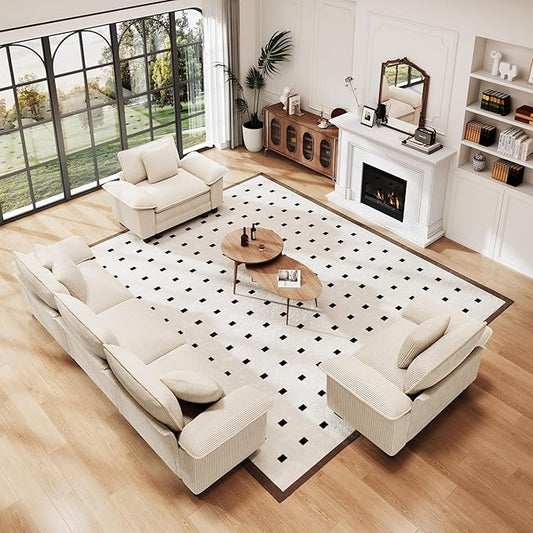 PHI VILLA Cloud Modular Couches Sets, 3 Pieces Large Sectional Sofa Set with Single Sofa, 5-Seater Upholstered Couch for Living Room, Corduroy, Beige