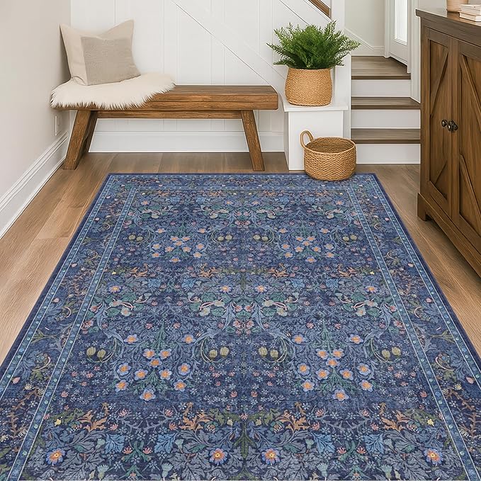 Dark Navy Blue Living Room Rug 5x7 Area Rug - Vintage Floral Forest Washable Mat for Dining Room, Bedroom, Low Pile Non Slip Stain Resistance Distressed Retro Indoor Boho Carpet