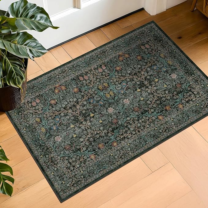 Dark Green Washable Entry Rug - Front Door Throw Rugs Indoor, Non-Slip Bathroom Small Rugs, Vintage Floral Thin Rug for Kitchen, Boho Entryway Décor (2x3 Dark Green)