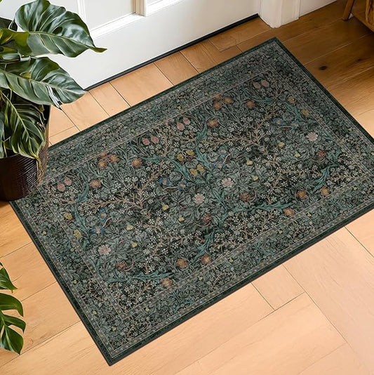 Dark Green Washable Entry Rug - Front Door Throw Rugs Indoor, Non-Slip Bathroom Small Rugs, Vintage Floral Thin Rug for Kitchen, Boho Entryway Décor (2x3 Dark Green)