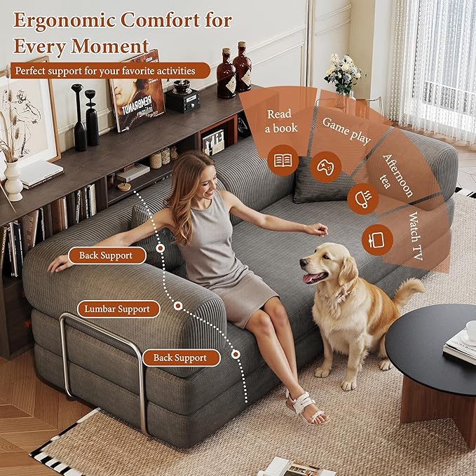 Boneless Couch Sectional Sofa,Convertible Sofa Bed with Sleeper Sofa,Futon Floor Couch Folding Sofas for Living Room,Bedroom,Apartment (Grey, 78.8''W)