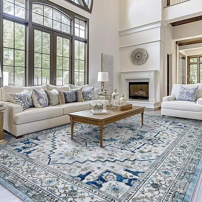 Area Rugs for Living Room 10x12 - Large Machine Washable Vintage Oriental Soft Rug, Low Pile Thin Carpet with Non Slip Backing for Bedroom, Dorm, Under Dining Room Table, Indoor House, Office Decor