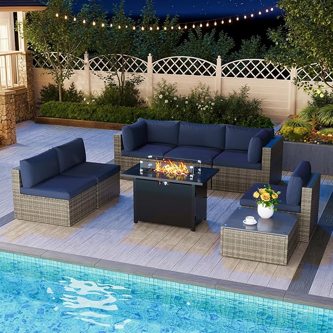 8 Pieces Outdoor Patio Furniture Set with 43" Fire Pit Table, Wicker Outdoor Patio Sectional Sofas with Coffee Table and Cushions, All-Weather Patio Conversation Set for Backyard Garden, Navy Blue