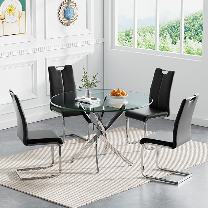 Goujxcy 5 Pieces Round Dining Table Set for 4, Modern Silver Glass Kitchen Table and Chairs for 4 with Upholstered Chairs, Circle Coffee Dining Table Set for Small Space,Apartment,Office
