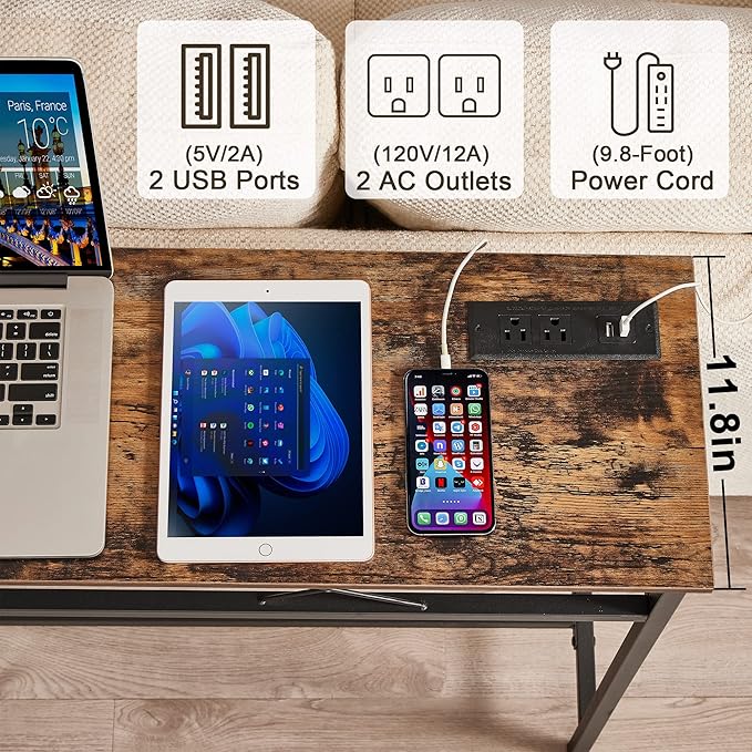 VECELO 39.4In Narrow Sofa/Console Table with Charging Station & Power Outlet and USB Ports, for Entryway, Living Room, Office, Industrial, Metal Frame, 2 Pack, Rustic Brown