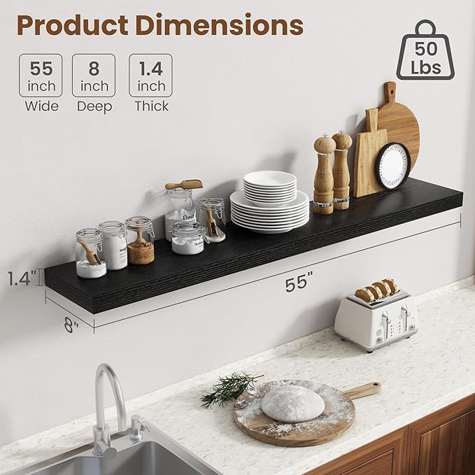 55 Inch Floating Shelves for Wall, 8 Inch Deep Floating Shelf for Storage & Display, Rustic Wall Mounted Shelf with Invisible Brackets for Living Room, Kitchen, Bathroom, Home Decor, Set of 2, Black