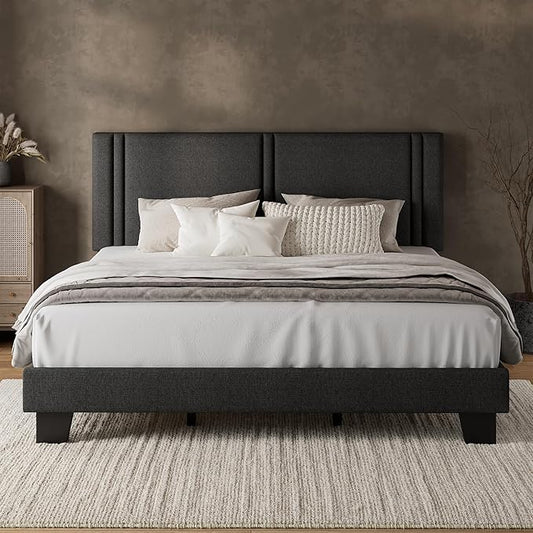 iPormis King Platform Bed Frame with Fabric Upholstered Headboard & Thickened Legs, Mattress Foundation with Solid Wooden Slats Support, No Box Spring Needed, Noise Free, Dark Grey