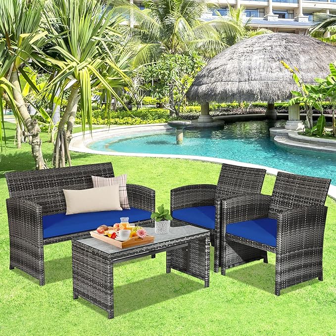 Goplus 4-Piece Rattan Patio Furniture Set, Outdoor Wicker Conversation Sofa with Weather Resistant Cushions and Tempered Glass Tabletop for Lawn Backyard Pool Garden (Blue)