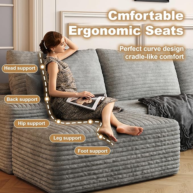 108" Sectional Couches for Living Room Modern Modular Sofa with L-Shape Couchs Upholstered Boneless Couch Deep Seat Sectional Couch with Chaise (Grey, Right Facing Chaise+2Seaters+1Ottoman)