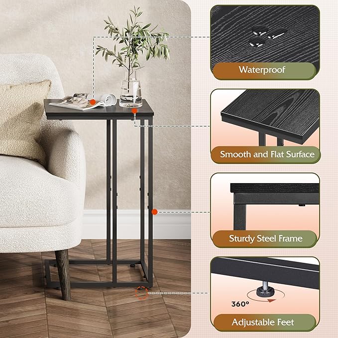 WLIVE Black Side Table,C Shaped End Table for Bedroom, Home Office, Dorm, Living Room Couch Tables, C Shaped TV Tray Table, 2-Tier Side Tables
