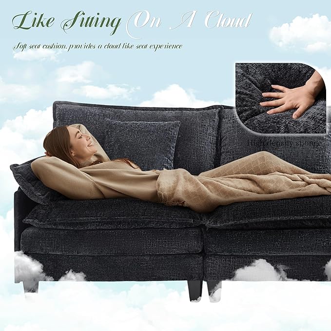 Comfy Chenille Cloud Couch with Movable Ottoman, Modular Sectional Sofa, 106" L Shaped Modern Sofa with Pillows, Deep Seat Couches for Living Room, Bedroom and Apartment, Black
