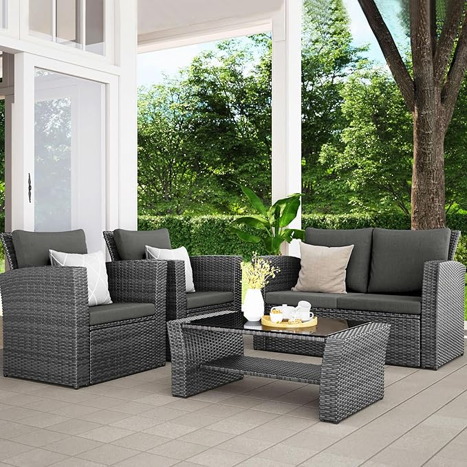 Wisteria Lane 4 Piece Patio Furniture Set, Wicker Outdoor Patio Conversation Furniture Set, All Weather Outdoor Patio Sofa with Cushion and Glass Table, Dark Grey