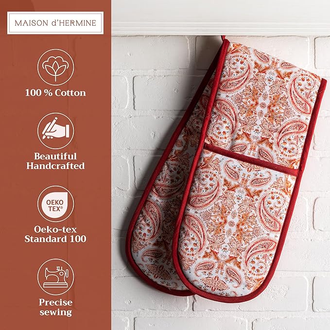 Maison d' Hermine Double Oven Mitt (7" x 35") 100% Cotton Heat Resistant BBQ Cooking Gloves with Loop for Thanksgiving Christmas Decorations Baking Cooking Barbeque Handling Hot Pan (Orient)