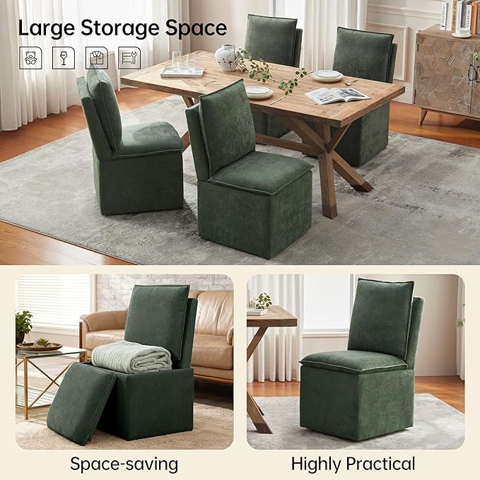VKNOW Upholstered Dining Chairs, Modern Rolling Chairs with Storage and Wheels, Linen Armless Chair with Cushion and Backrest, Dining Room Chairs for Living Room Kitchen Bedroom, Green