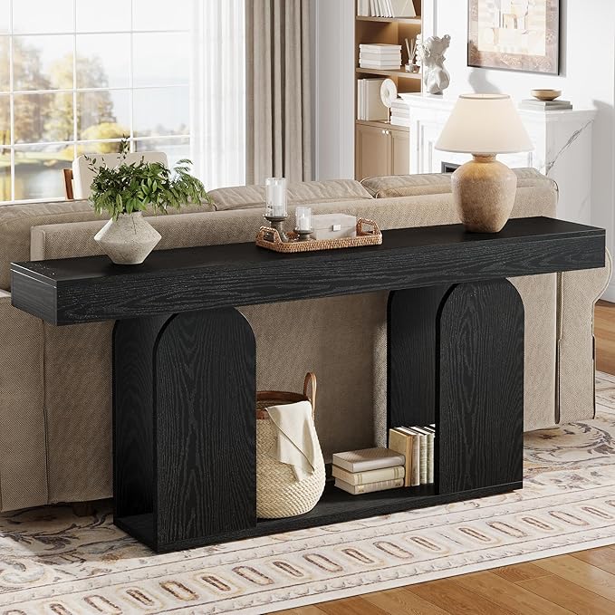 Tribesigns 70.9-Inch Extra Long Sofa Table, Farmhouse Console Tables with Wood Frame and Storage Shelf, 2-Tier Wood Table Behind Couch for Living Room, Hallway, Foyer, Black