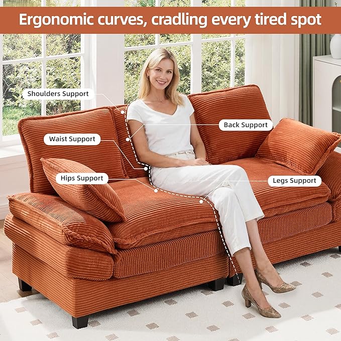 83" Loveseat Sofa, Cloud Couches for Living Room, Comfy Corduroy Couch with Deep Seat, Love Seat Couches for Bedroom, Apartment and Office, Easy Assemble for Small Space (Orange)