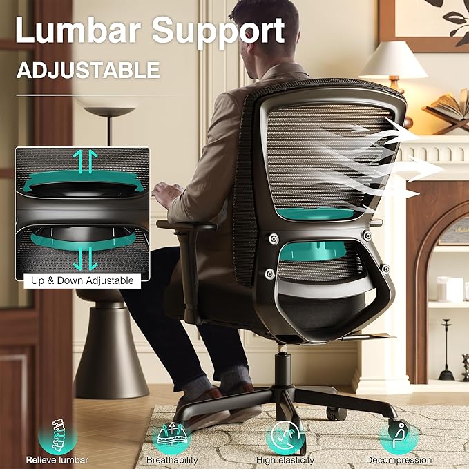 ELABEST T96C Ergonomic Home Office Chair, Mesh Computer Desk Chair with 4D Armrests, Adjustable Lumbar Support,Rolling Swivel Task Chair for Long Hours, Sponge Cushion