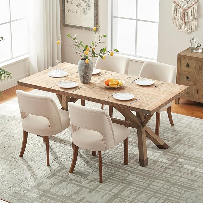 VKNOW Wooden Dining Chairs Set of 4, Modern Fabric Upholstered Dining Room Chair Kitchen Chairs, Farmhouse Dinner Chair for Kitchen Dining Room, Beige