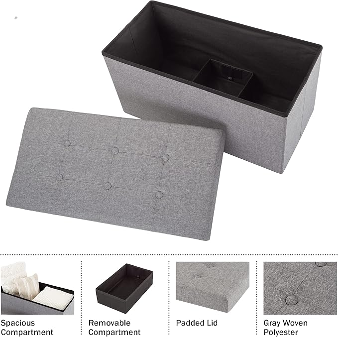 Folding Storage Ottoman - 30-Inch Tufted Footrest, Linen Chest, or Bench with Removable Bin for Living Room, Bedroom, or Dorm by Lavish Home (Gray)