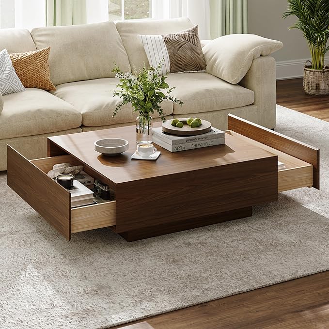 POVISON Modern Square Coffee Table with Storage, 35.43" Wood Coffee Table for Living Room Table Walnut, Fully Assembled