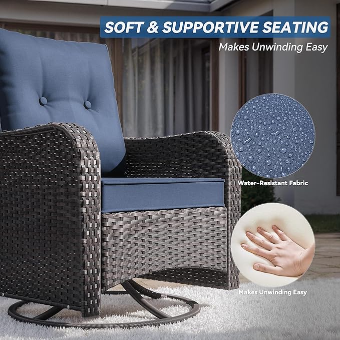 Kurapika 5 Pieces Patio Furniture Set, Rattan Wicker Outdoor Conversation Sets, 4 Woven Rattan Swivel Chairs w/48in Propane Fire Pit Table and Thickened Cushions, Navy Blue