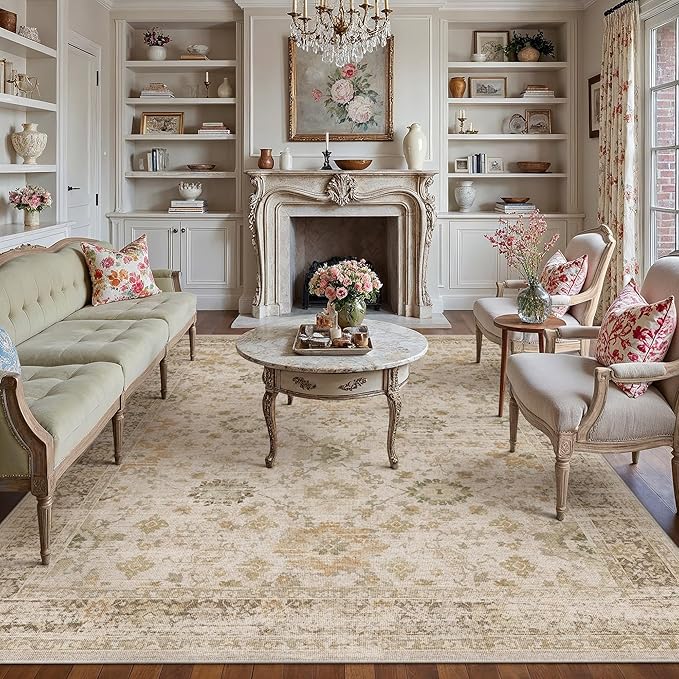 Beige 8x10 Area Rug Non Slip Large Vintage Living Room Distressed Machine Washable Retro Carpet Indoor Bedroom Traditional Floral Accent Throw Rug for Office Kitchen Dorm Dining Room