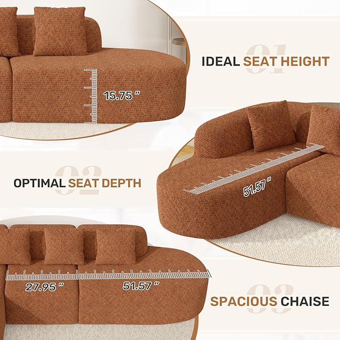 114 Inch Boneless Couches for Living Room,Modern Modular Sectional Sofa with Chaise,L-Shape Cloud Sectional Couch,No Assembly Required,Brown