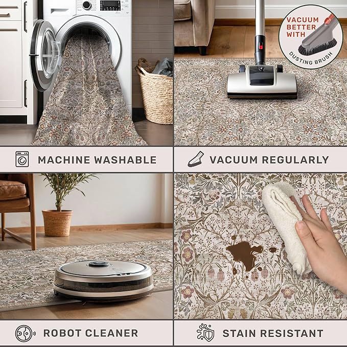 Non Slip 2x10 Moss Green Hallway Runner - 10ft Long Runner Rugs, Washable Kitchen Floor Mat - Vintage Brown Taupe Neutral Floral Design Décor