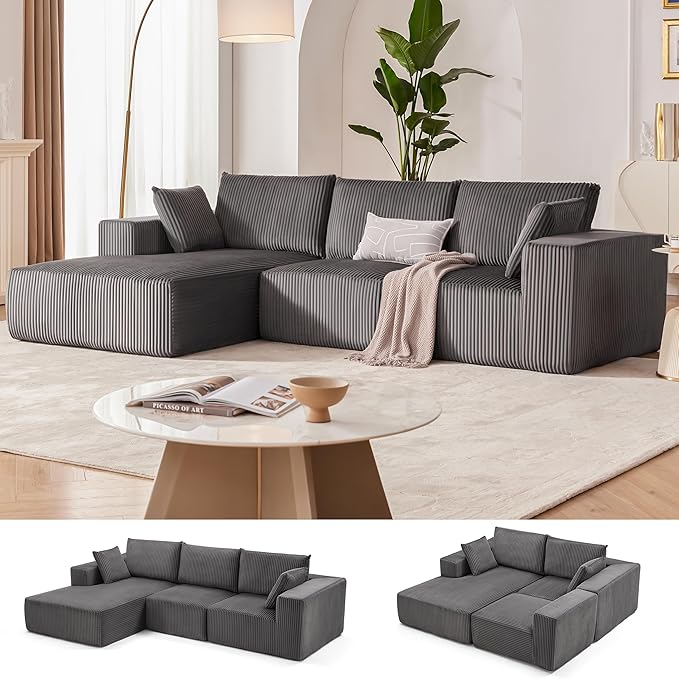 108” Modular Sectional Sofa, Cloud Sectional Couch with Deep Seat, Modern Modular L-Shape Sofa Couch with Chaise,Upholstered Boneless Couches for Living Room Bedroom (Grey, Left Facing Chaise)