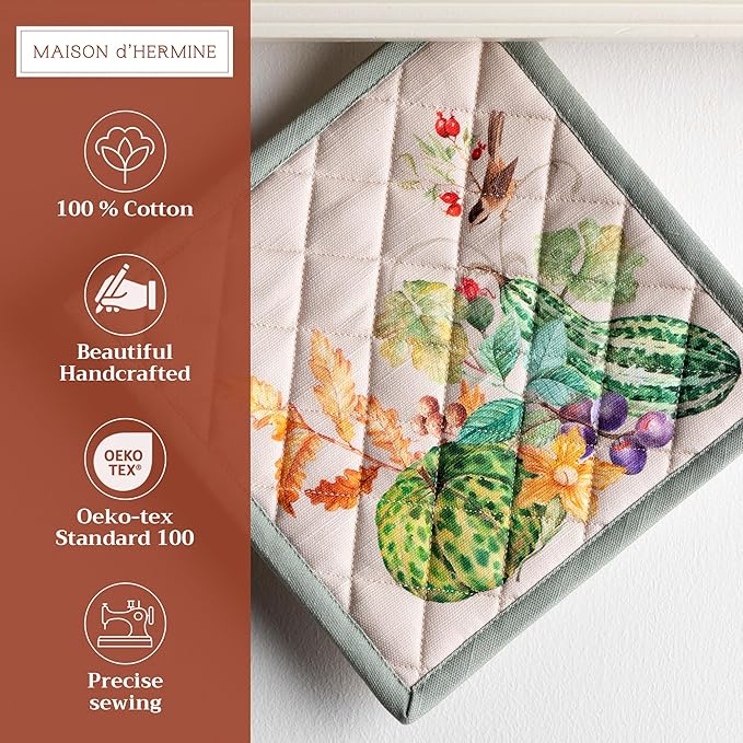 Maison d' Hermine Pot Holders 100% Cotton Heat Resistant Potholders 8" x 8" Hot Pads with Loop for Thanksgiving Christmas Decorations BBQ Cooking Baking Handling Hot Pans (Pack of 1, Lumina)