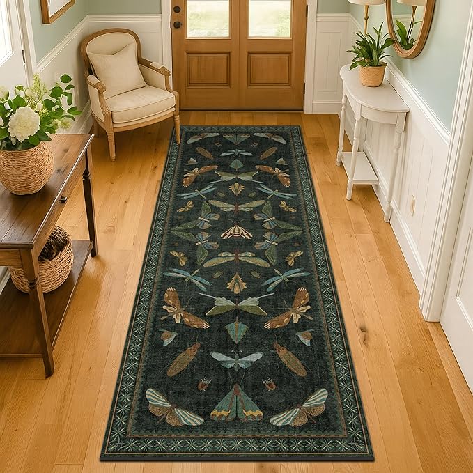 Washable Insect 2x6 Runner Rug for Hallway- Stain Resistant Kitchen Runners, Floral Whimsical Indoor Floor Mat for Bathroom, Soft Non Slip with Rubber Backed, Dark Green