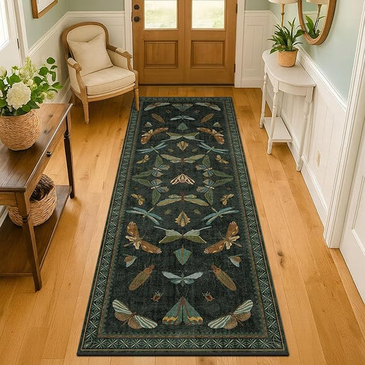 Washable Insect 2x6 Runner Rug for Hallway- Stain Resistant Kitchen Runners, Floral Whimsical Indoor Floor Mat for Bathroom, Soft Non Slip with Rubber Backed, Dark Green