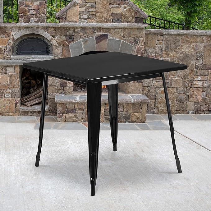 EMMA + OLIVER Commercial Grade 31.5" Square Black Metal Indoor-Outdoor Table