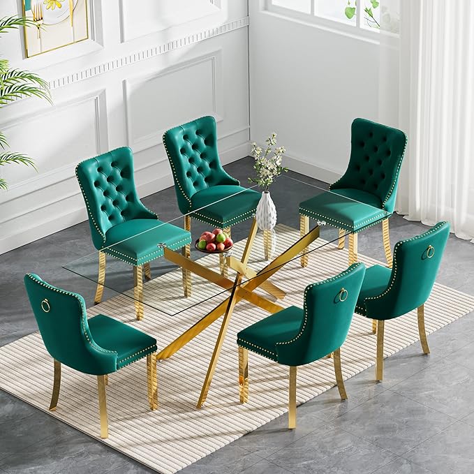 Goujxcy 7 Piece Glass Dining Table Set Modern Glass Dining Table Set for 6, 61" Rectangular Gold Kitchen Table and 6 Velvet Upholstered Chairs, Gold Table & Green Chair
