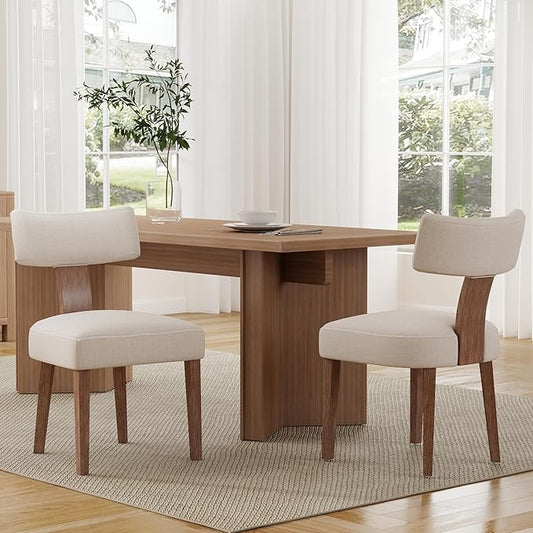 Mid Century Modern Dining Chairs Set of 2 Upholstered Linen Fabric Dining Chairs Curved Backrest Farmhouse Dining Room Chairs Kitchen Chairs with Wood Legs, Beige