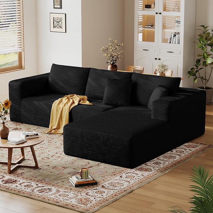 108'' Modular Sectional L-Shaped with Chair,Deep Seat Boneless Corner Couch for Living Room,Plush Corduroy Couch with Detachable Sofa Set,No Assembly(Right Facing Chaise，Black)
