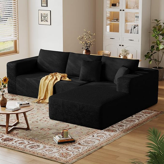 108'' Modular Sectional L-Shaped with Chair,Deep Seat Boneless Corner Couch for Living Room,Plush Corduroy Couch with Detachable Sofa Set,No Assembly(Right Facing Chaise，Black)