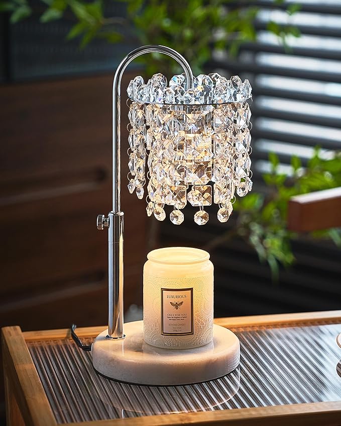 Candle Warmer Lamp with Timer Dimmer Adjustable Height Candle Warmer with Marble Base for Jar Candles, Crystal Candle Lamp with 3 Bulbs for New Home Decor, Women Mom Christmas Birthday Gifts, Silver