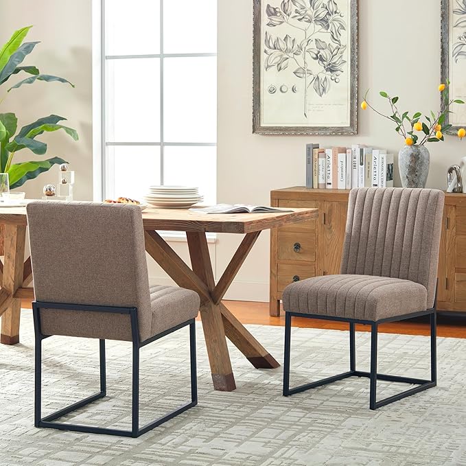 VKNOW Upholstered Dining Chairs Set of 4, Modern Dining Room Chairs with Stripe, Linen Kitchen Chair Dinner Chair with Black Metal Base for Kitchen Office, Brown