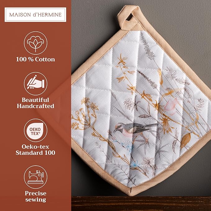 Maison d' Hermine Pot Holders Set 100% Cotton Heat Resistant Potholders 8" x 8" Hot Pads with Loop BBQ, Cooking, Grilling, Kitchen, Handling Hot Pans Spring/Summer (Pack of 2, Meadow Florals - Beige)