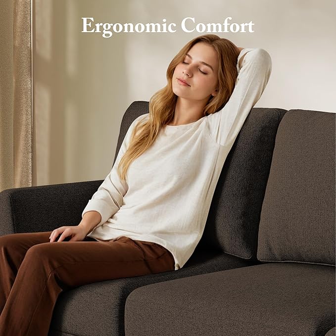 3 Seater Sofa Couch with Deep Seats, 89" Mid Century Modern Upholstered Sofa with Armrests, Comfy Couches for Living Room, Bedroom, Apartment and Office (Brown)